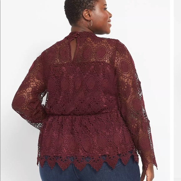 Mock-Neck Illusion
Lace Peplum Blouse Wine NWT 22W - Picture 2 of 6